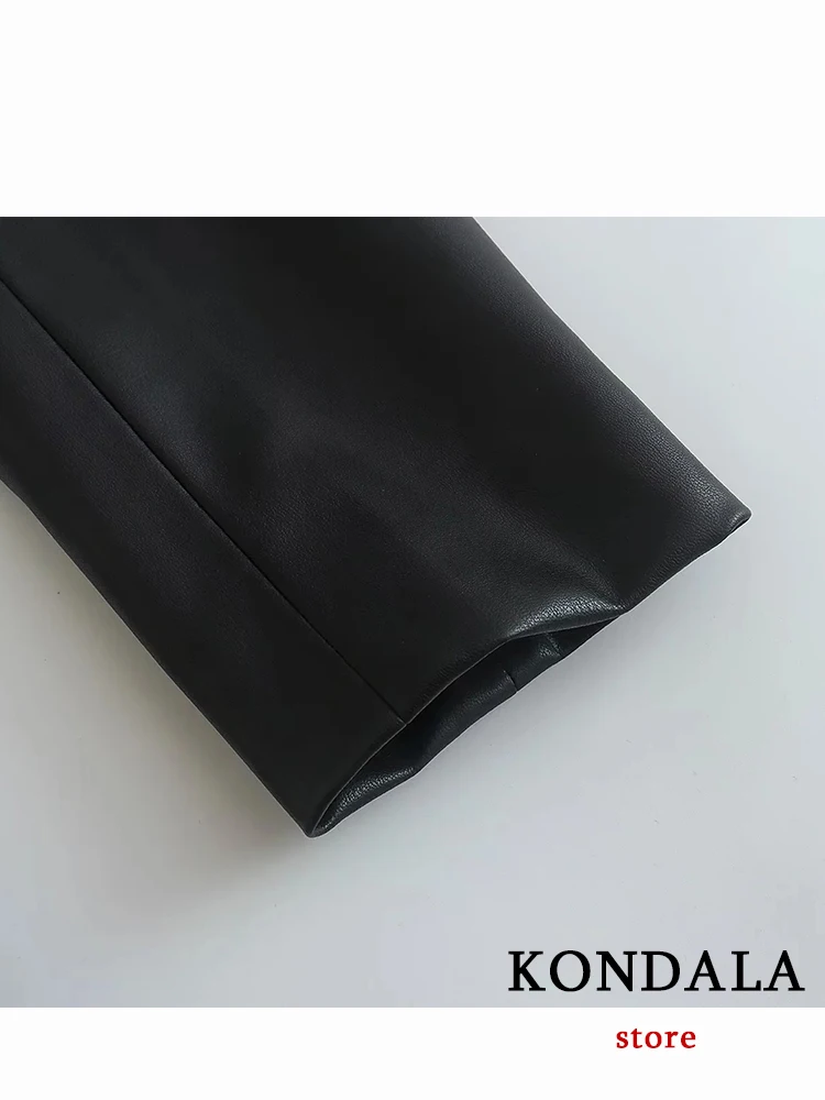 KONDALA Chic Solid Black PU Hollow Out Women Blazer Fashion 2023 Vintage Long Sleebe High Street Sexy Spring Y2K Female Outwear