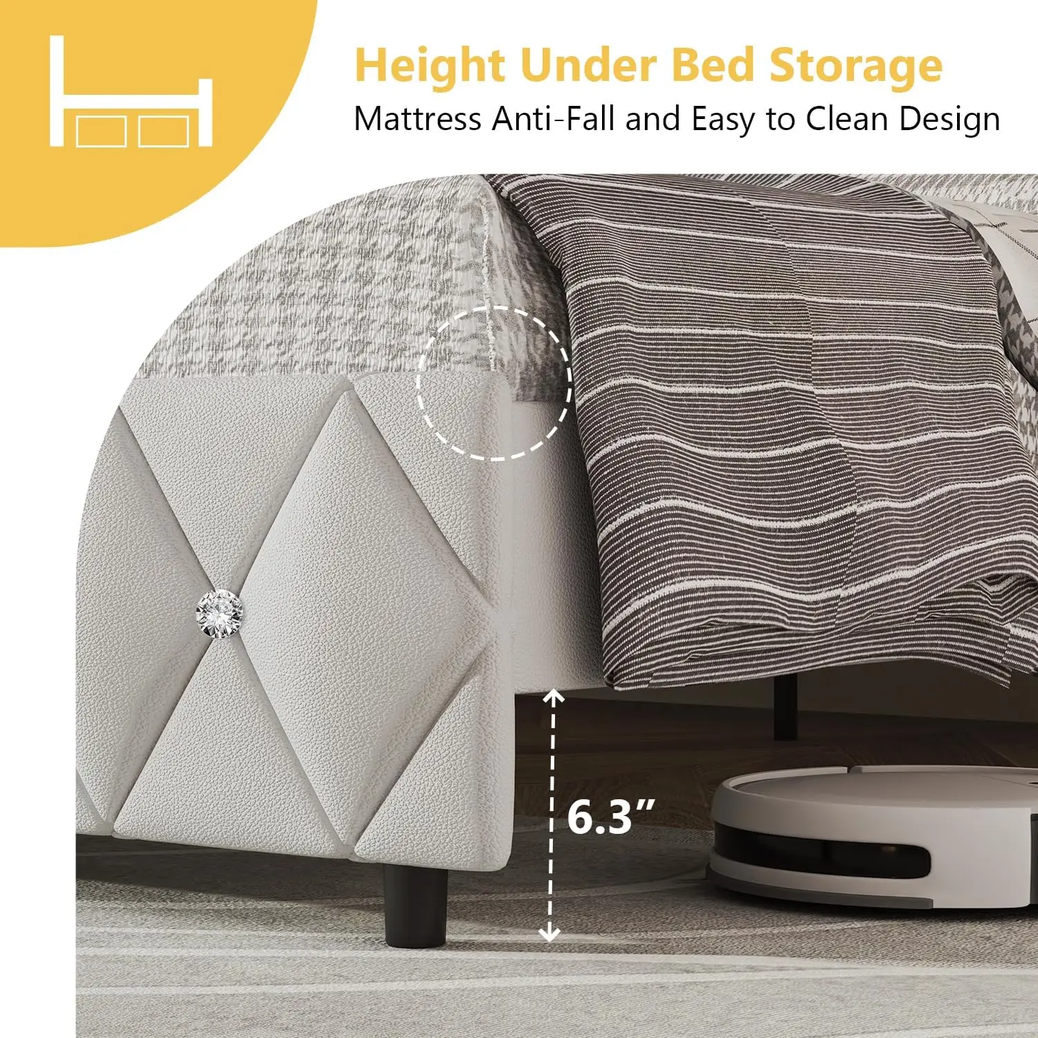 Queen Bed Frame Faux Leather Diamond Tufted Headboard Wood Slats No Box Spring Easy Assembly White, Customized