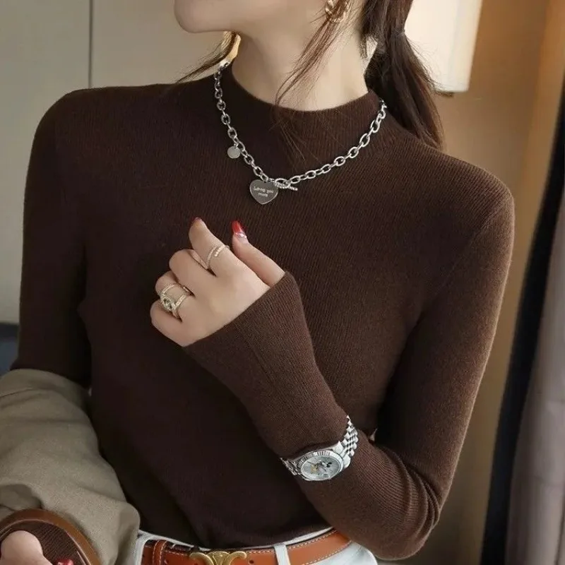 Women Classic Half Turtleneck Knit Sweater Autumn Winter Slim Fit Ribbed Long Sleeve Inner Basic Top