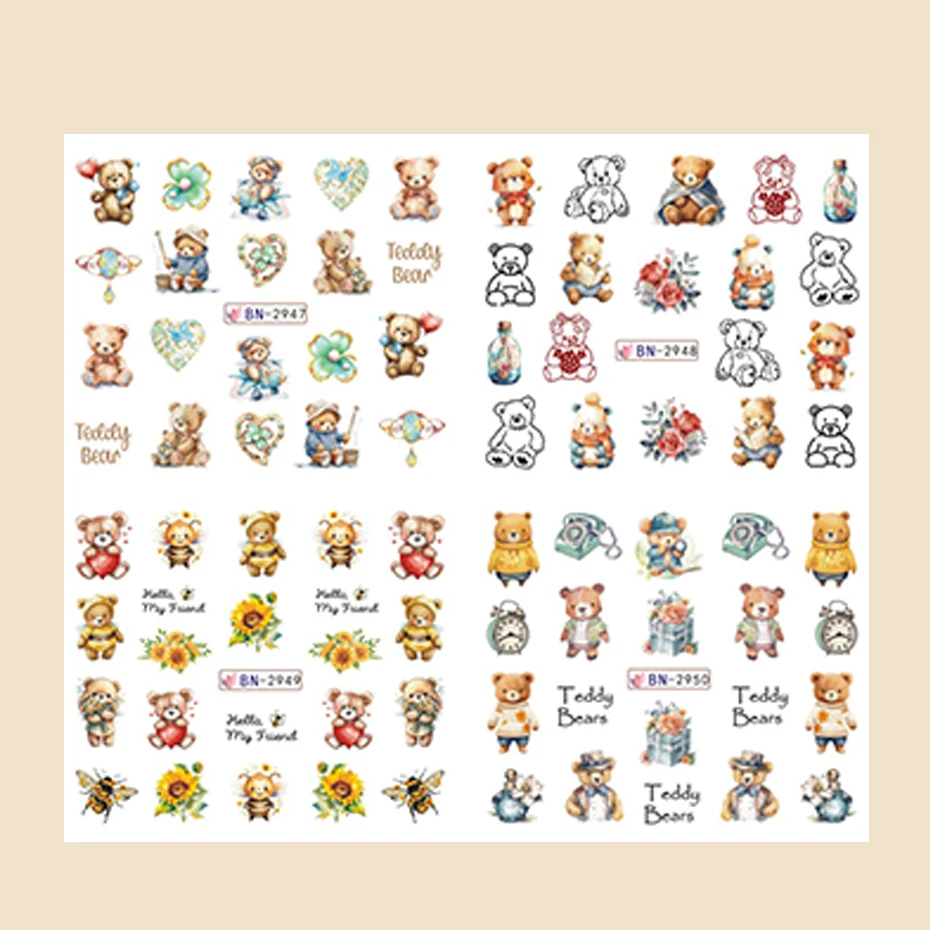 12 قطعة من ملصقات نقل المياه لفن الأظافر لعيد الحب - زهرة الدب الكرتونية اللطيفة وتصميم الحب الرومانسي لشارات نقل المياه