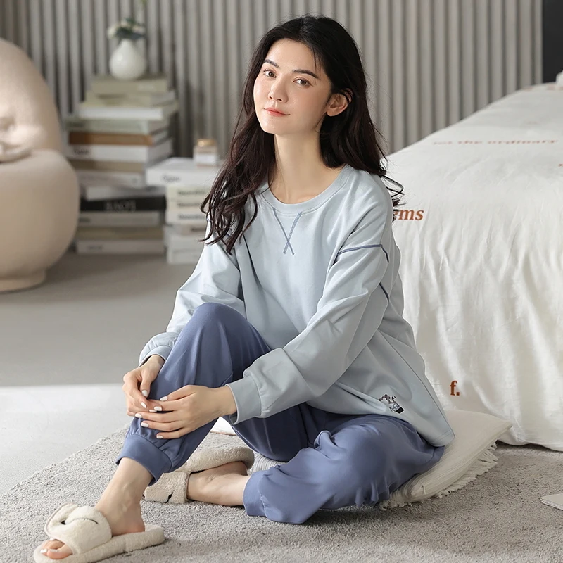 بيجامة من القطن الخالص للخريف والشتاء للنساء، سراويل طويلة بأكمام طويلة، ملابس منزلية بسيطة للنساء، يمكن ارتداؤها في الخارج