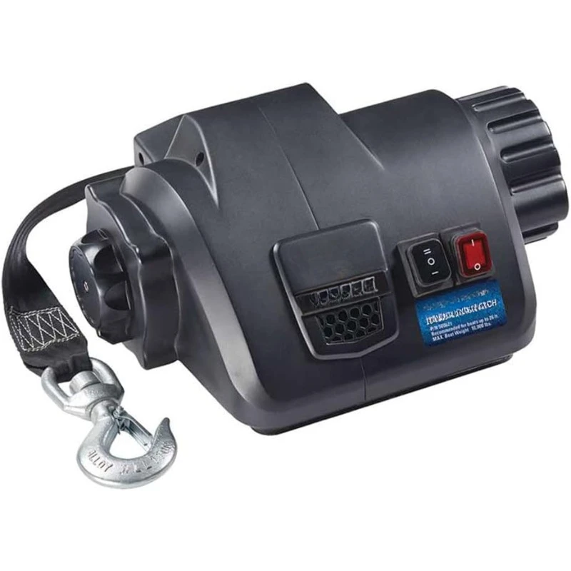 Powered Electric Boat Trailer Winch with 15 Foot Winch Strap with Hook, 10,000 lbs. Capacity, Wireless Remote Included