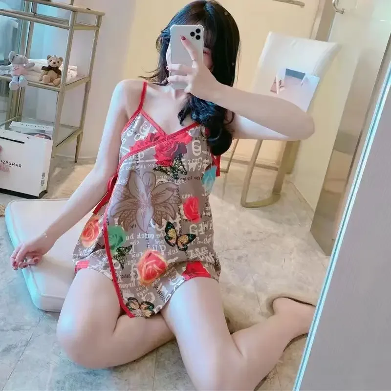 

150Kg Plus Size Pajamas Set Women's Summer Ice Silk Japanese Kimono Suspenders Sexy Loungewear Can Be Worn Outside Home Clothes