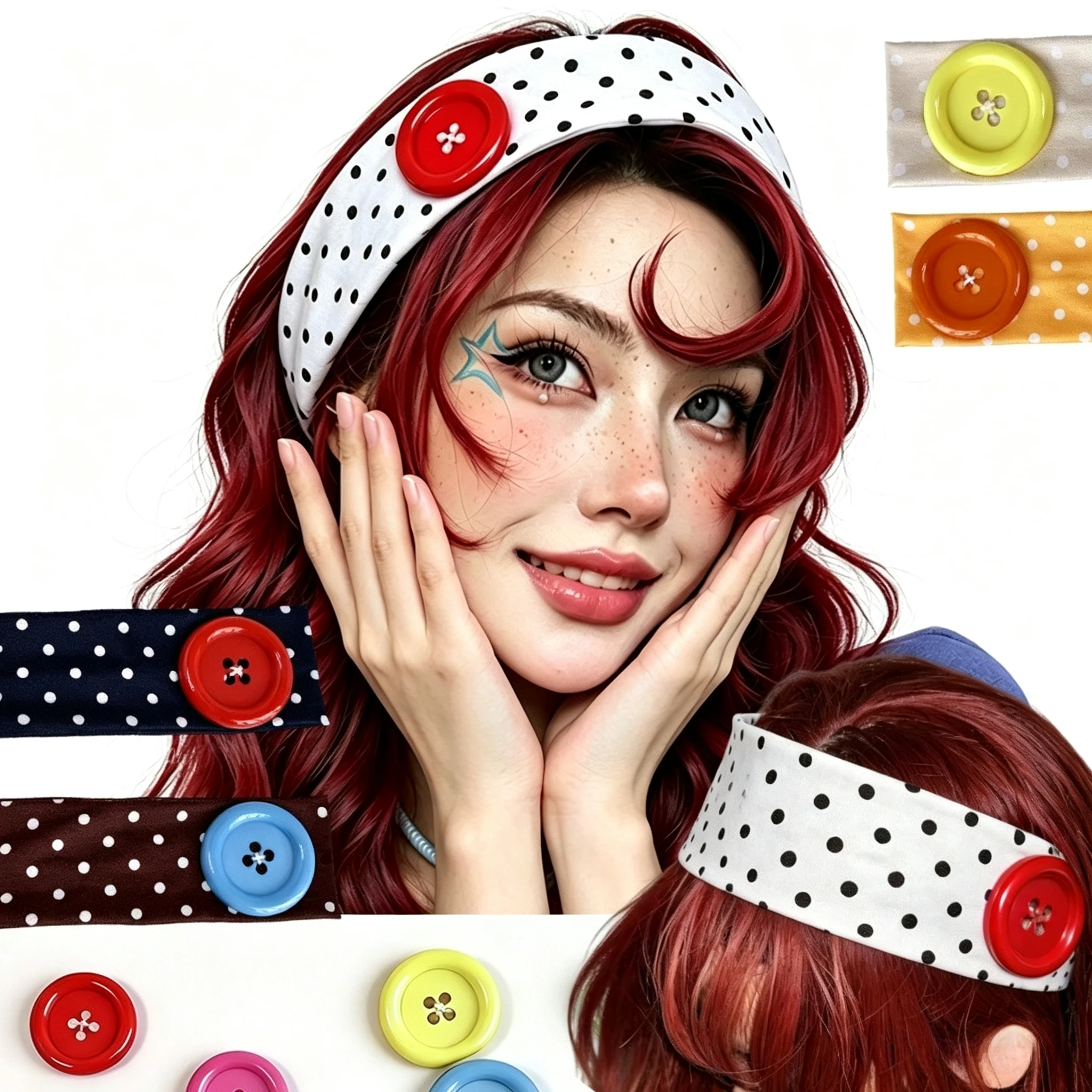 Fashion Dopamine Polka Dot Elastic Headband with Colorful Button for Women Charm Y2K Cute Sweet Hair Accessories Dating Daily