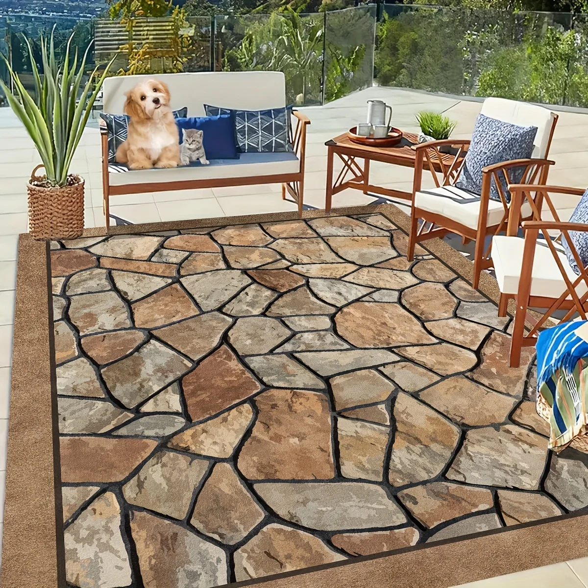 Outdoor Stone Slate Pattern Area Rug Brown Beige Natural Print NonSlip Floor Mat for Patio Porch Deck Living Room Home Decor
