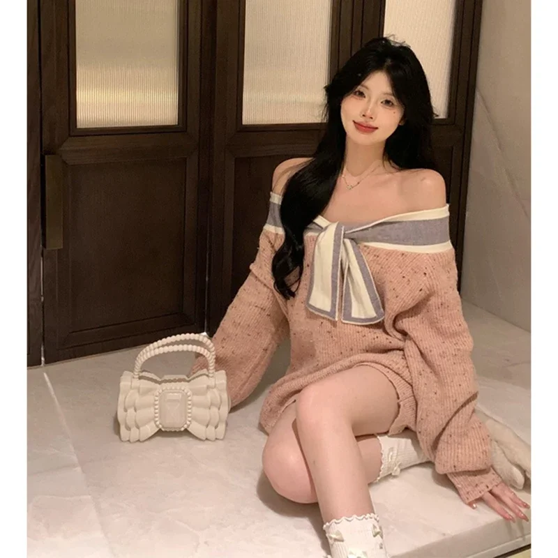 

Корейский модный розовый свитер с разрезом на шее, женский осенний новый вязаный пуловер с бантом, трикотажные изделия с длинными рукавами, джемперы