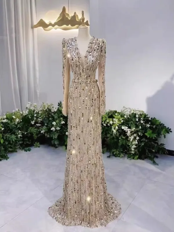 

Ele Long Sve Host Evening Gown Women's New 2025 Performance Dr iny Sparkling Midi Skirt for Wedding And Par