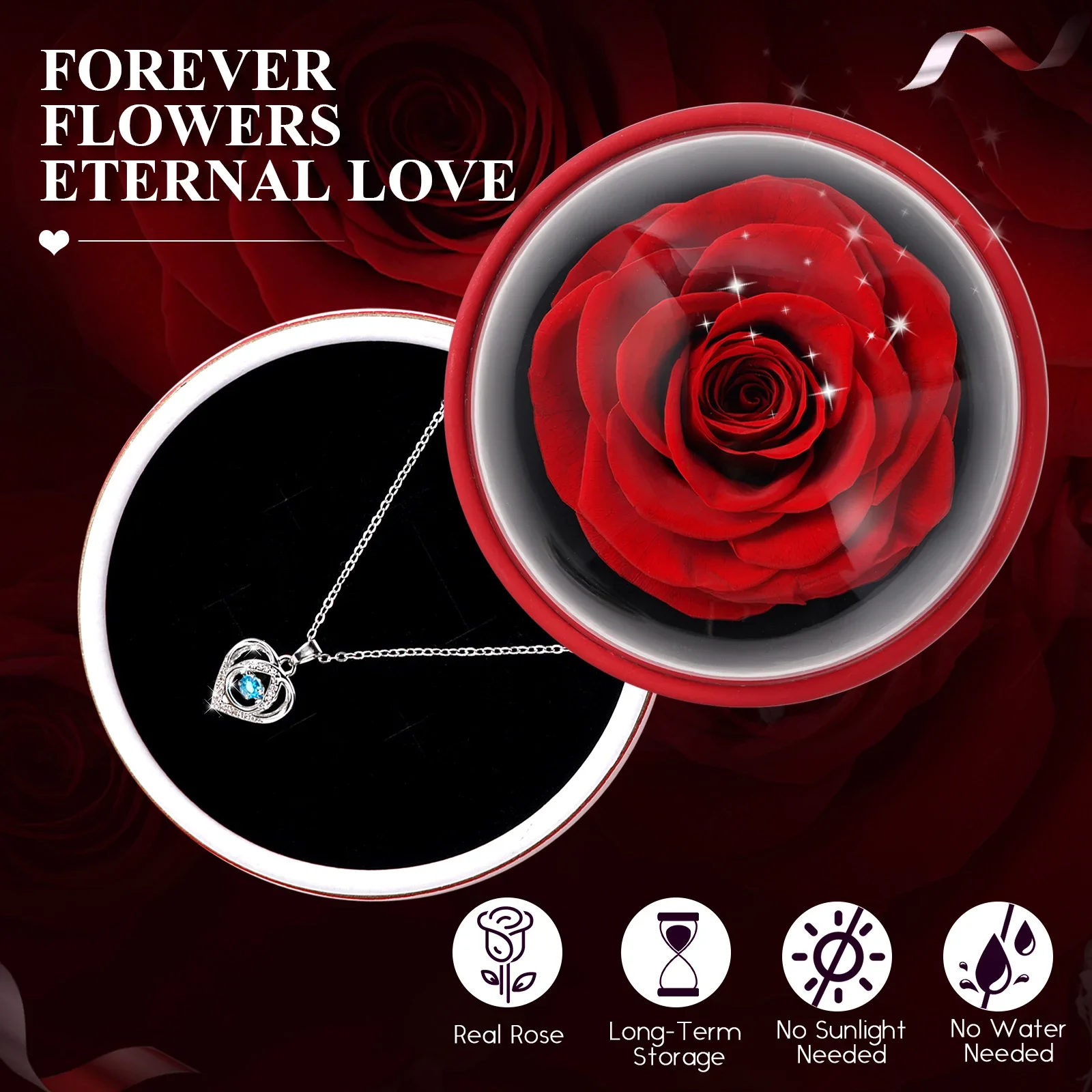 

Artificial Flowers Jewelry Gift Box with Heart Necklace, Faux Flower Rose Acrylic Display Case, Fake Flowers Ring Storage Rack f