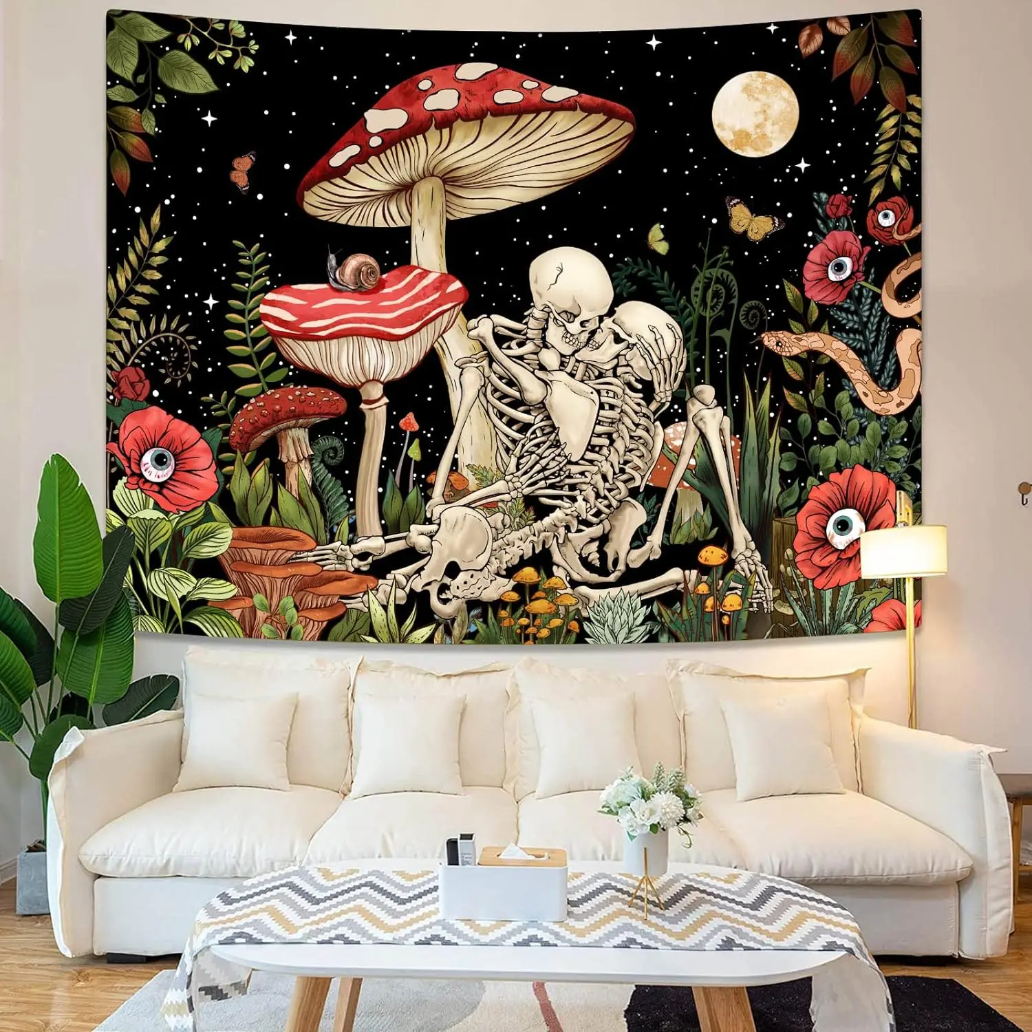 

Mushroom Skeleton Tapestry Skeleton Flower Plant Flower Aesthetics Bedroom Tapestry Natural Moon Wall Hanging