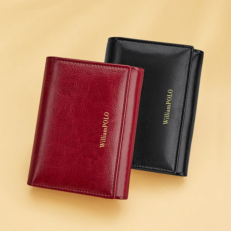 Vintage style genuine leather wallet, bright short style card holder, multifunctional and fashionable money bag