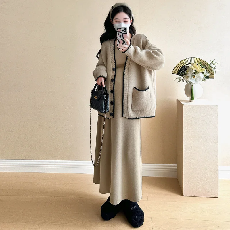 Maternity Clothing Autumn and Winter Temperament Knitted Jacket Winter Clothing Casual Bottoming Shirt Dress Two-piece Set