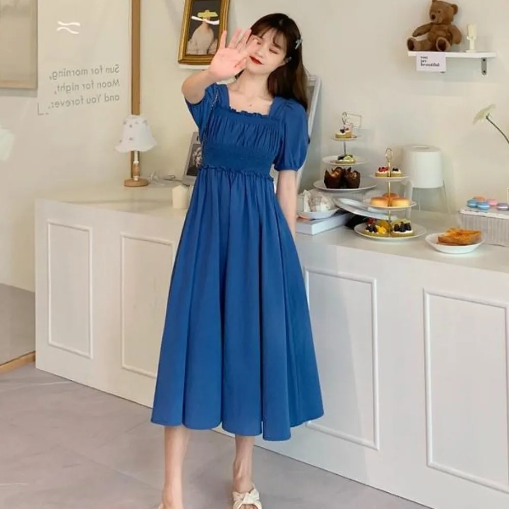 

Fashion Bubble Ruffle Long Dress Slim Fit A-line Short Puff Sleeve Dress Beachwear Spring Summer High Waist Dress Student