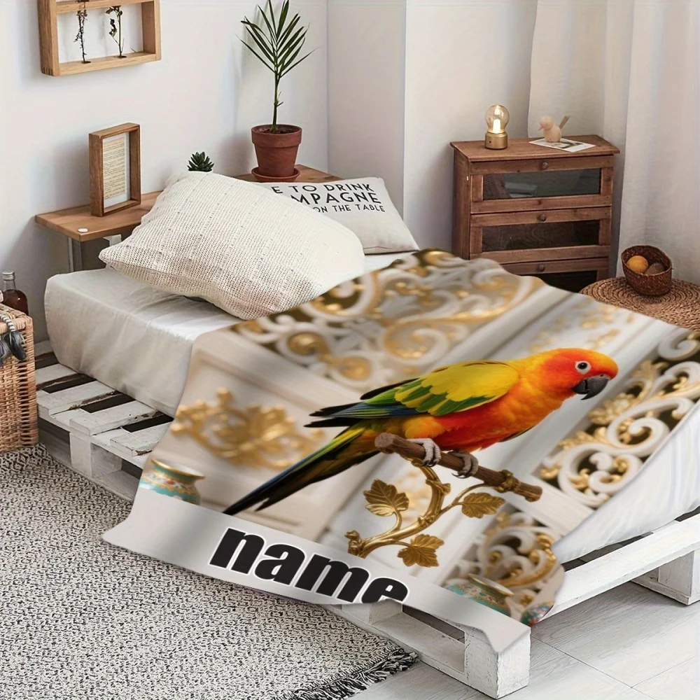 Personalized Custom Name Parrot Flannel Blanket Cute Sun Cone Tail Parrot Single Side Print Soft Quick Dry Blanket Ideal Gift