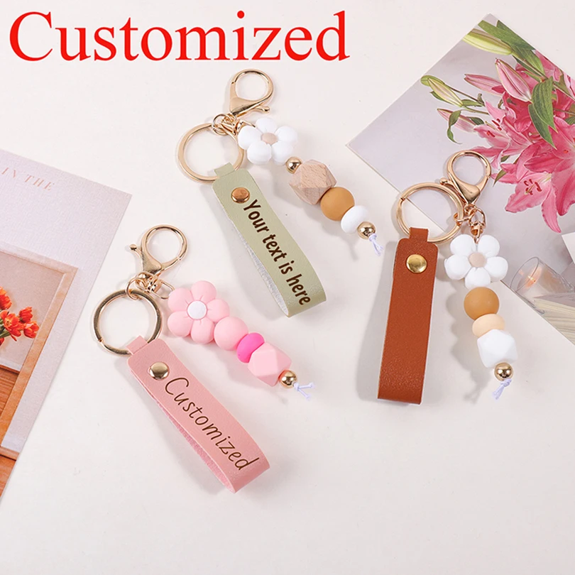Custom Name Keychain Flower Pendant Customized Text Key Ring PU Leather Party Favors Bag Charm Gift Personalized Name Key Chain