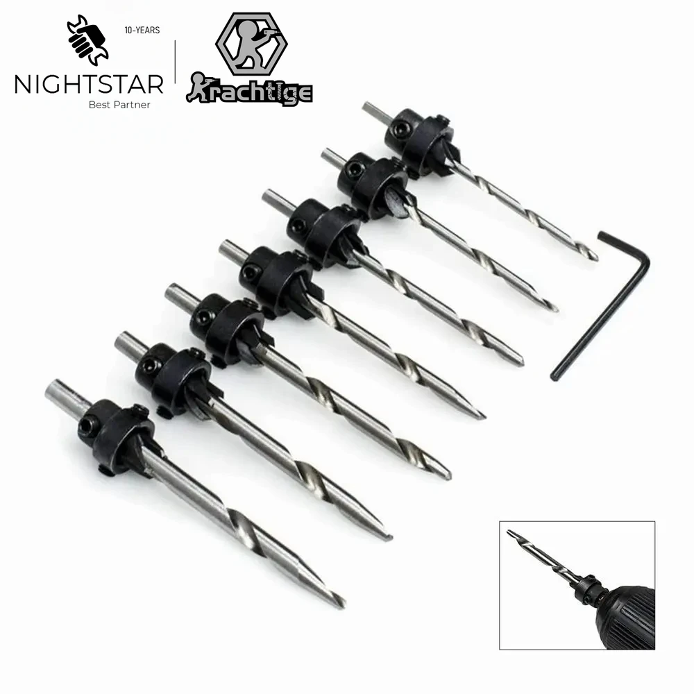 

7Pcs Tapered Drill Bits Countersink Set Stop Collars Hex Key Wood Pilot Hole DIY Adjustable Depth