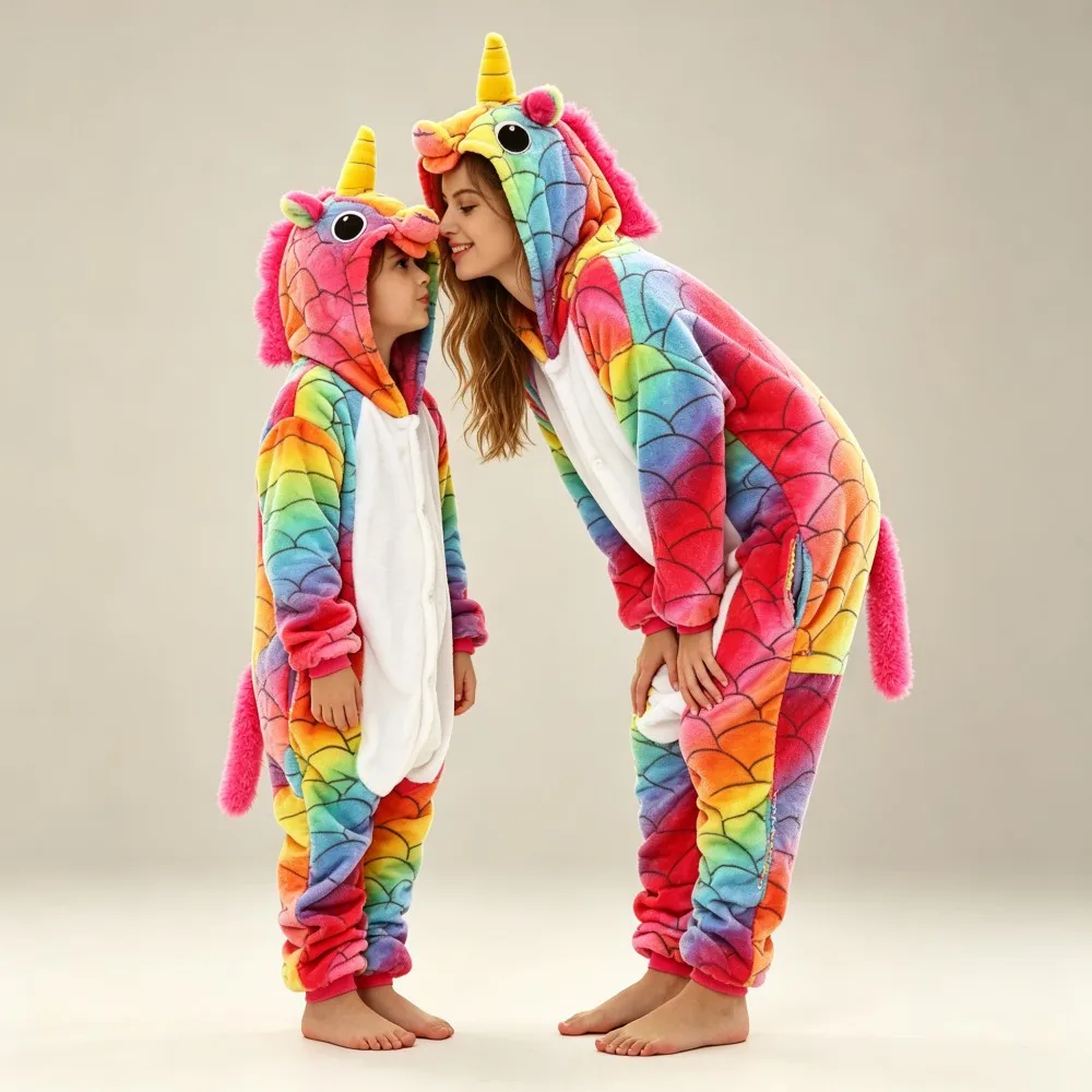 Unicorn Kigurumi Pajamas Winter Warm Flannel One Piece Hooded Jumpsuits Kids Pyjamas Halloween Christmas Cosplay Costume Oneises