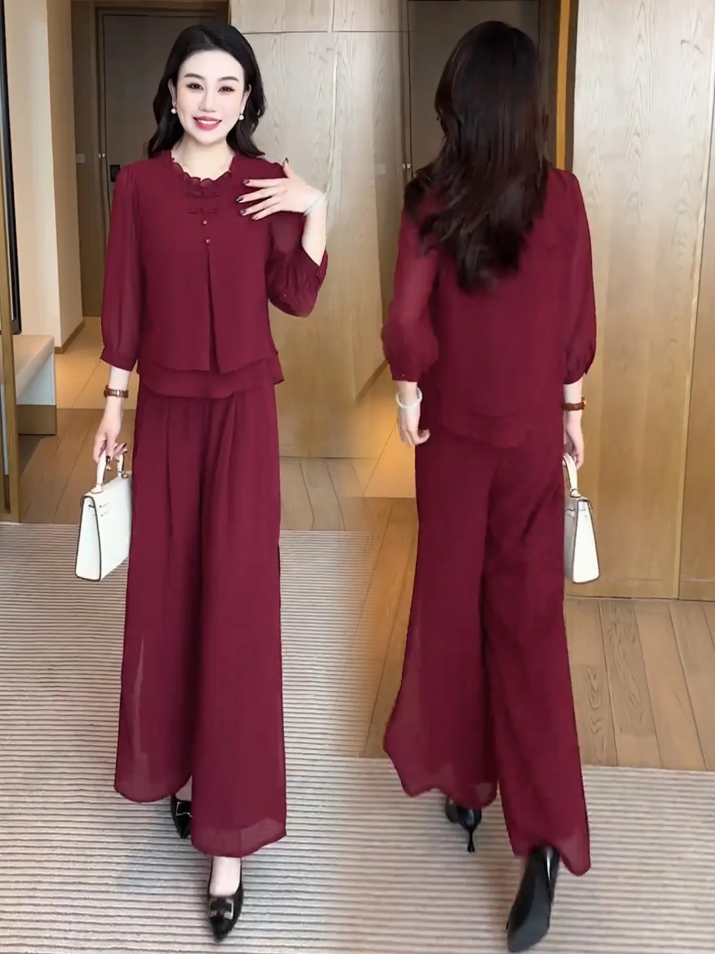 New Chinese Style Fashion Set Women's Spring Summer New Style Slimming Button Chiffon Top Wide Leg Pants Two Piece Set