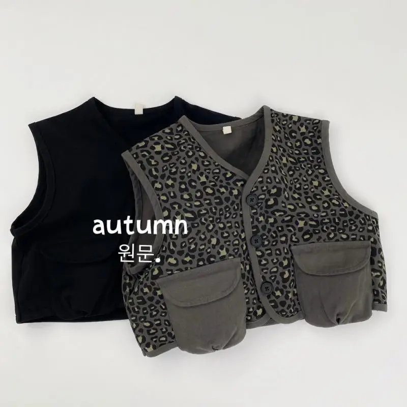 

2025 Autumn New Children Vintage Casual Vest Fashion Leopard Print Girls Sleeveless Coat Cotton Boys Vest Cardigan Kids Clothes