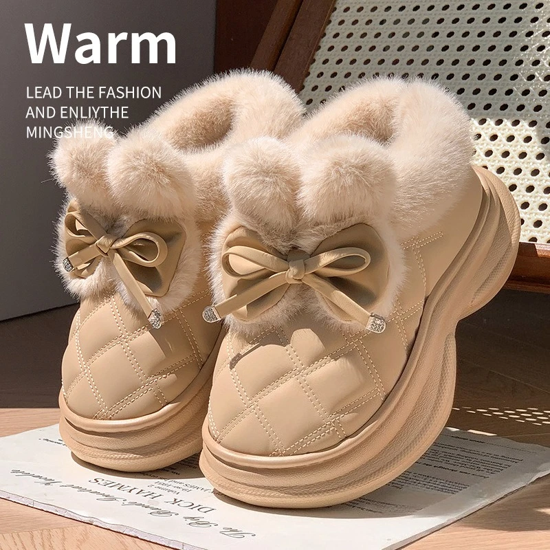 

Теплые женские домашние тапочки с бантом, зимние, плюшевые, хлопковые, забавные, пушистые, для дома, комнатные, плоские, термоизолированные, для спальни