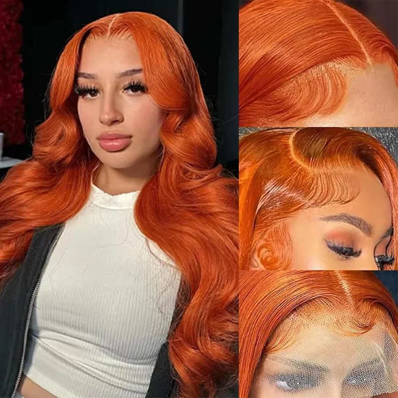 Gengibre laranja 13x6 perucas dianteiras do laço cabelo humano 200% densidade peruca onda do corpo 350 colorido peruca de cabelo humano pré arrancado