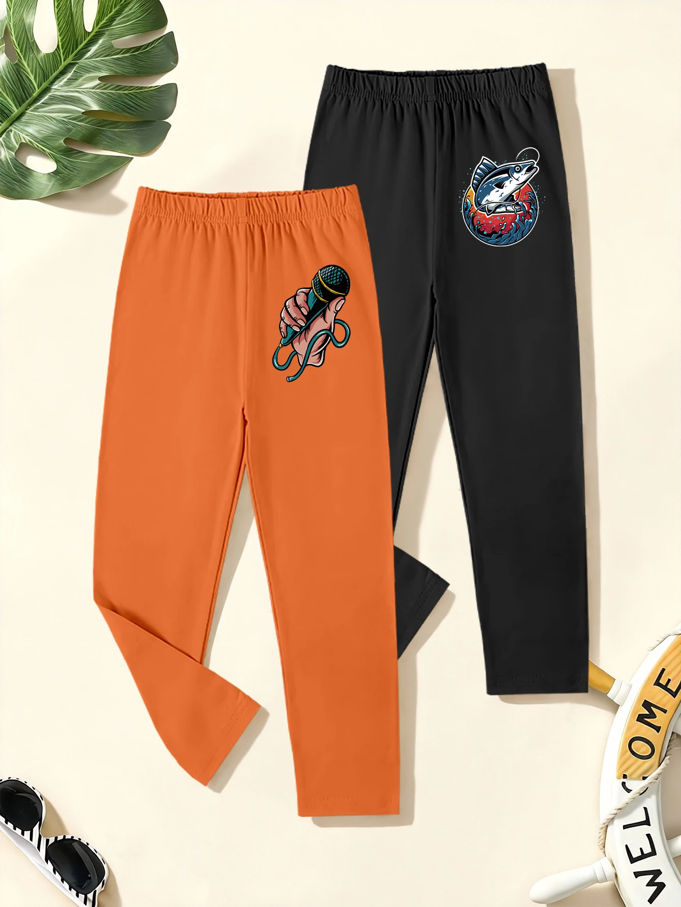 

2 Pieces, Cartoon Microphone, Cartoon Fish Pattern Print, Boys' Casual Leggings