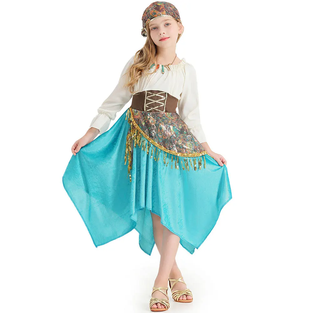 Girls Halloween Gypsy Diviner Costumes Kids Children Flamenco Dance Cosplay Carnival Purim Nightclub Bar Role Play Party Dress