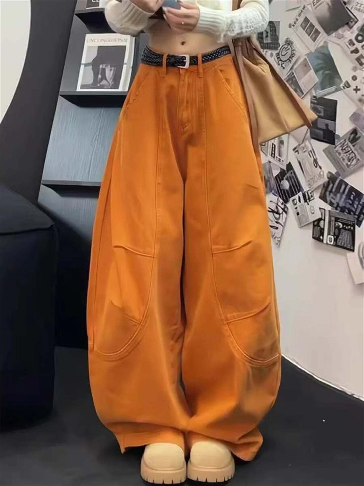 

Dopne Sla Wide Leg Men's Jeans Retro Cool Loose Slimming Waed Workwear Casual Straight Tube Trousers