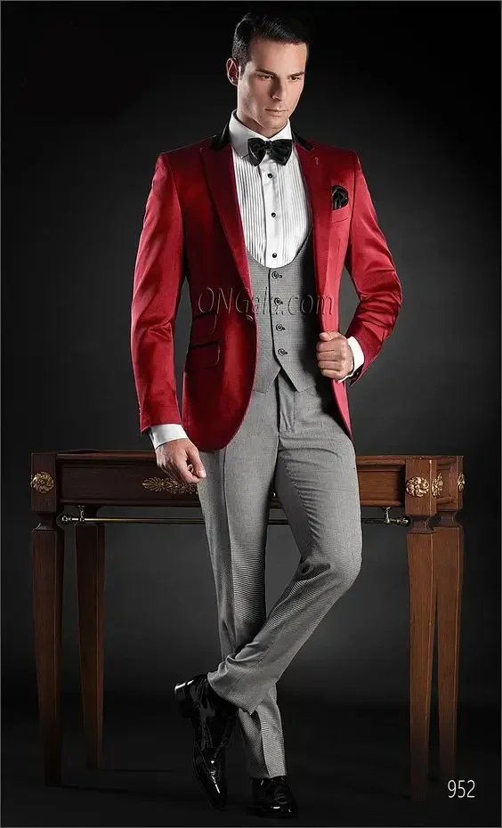 Italian Red Grey Suit For Men Slim Fit 3 Piece Elegant Tuxedo Custom Groom Jacket Prom Blazer Sets Terno Masculino Costume Homme