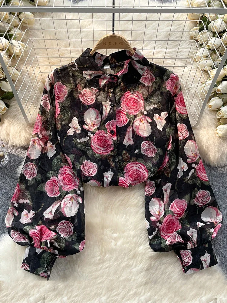 Women Spring Shirt Korean Version Temperament High-end Floral Shirt with Bubble Sleeve Design Niche and Unique Top D5053