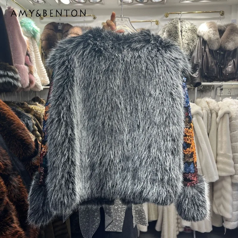 

Comfortable Elegant Soft Warm Faux Fur Jacket 2025 Winter Jacket Heavy Industry Colorful Sequin Y2k Furry Coat Outerwear Ladies