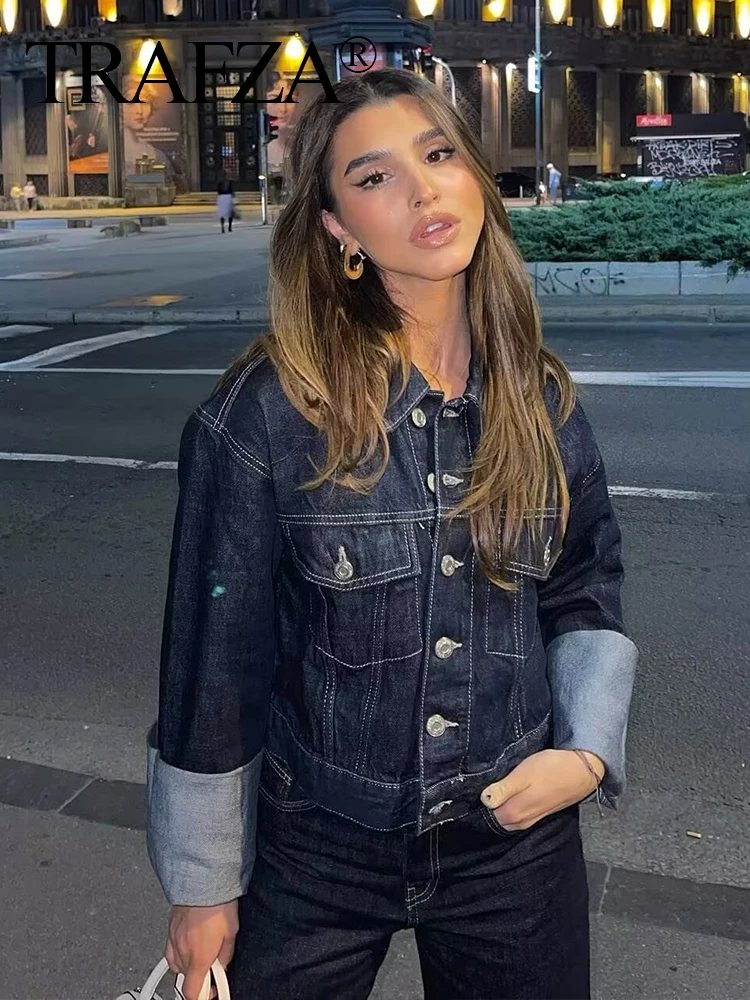 TRAFZA intage Women Denim Cropped Jacket With Pockets 2024 Female Single Breasted Lapel Neck Long Sleeves  Loose Short Coat