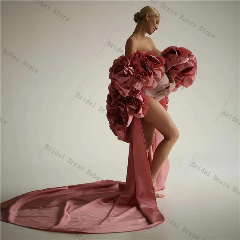 

Luxury Pink Women Pregnant Wedding Prom Dress Sexy 3D Flower Maternity Bridal Evening Gown Tiered Satin Customized Robe