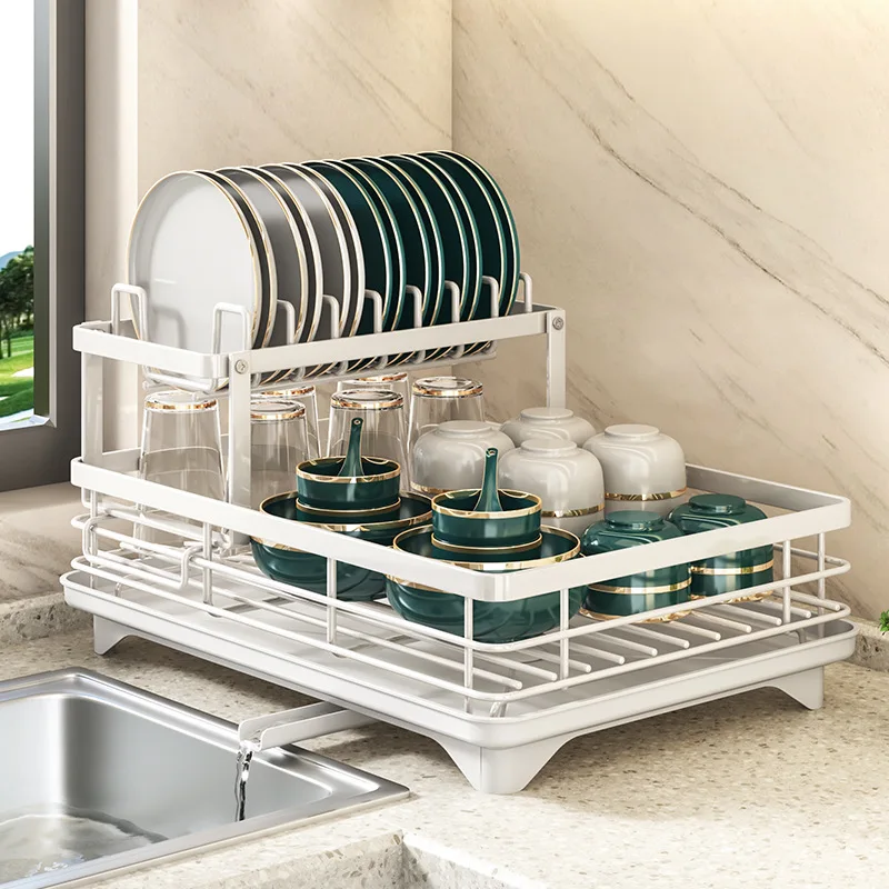 Upgraded 360° Rotating Unloading Pipe Household Sink Storage Rack Kitchen Tableware Drying Shelves Drain Basket Bowls Organizer
