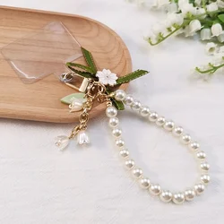 Short Wrist Rope Pearl Strap Green Ribbon Mori Lily Pendant Lily The Orchid Bow Pendant Keychain with Clip Mobile Phone Lanyard