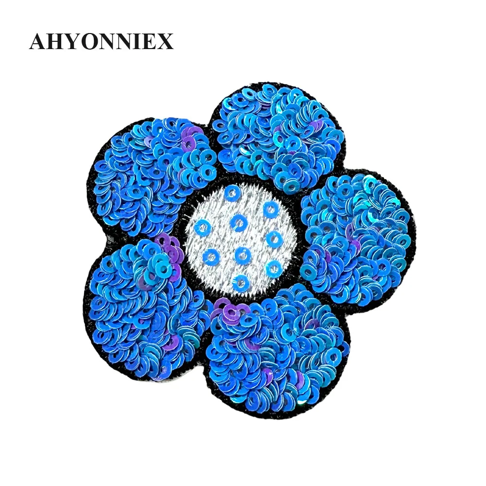 5 stks/partij 6 CM * 6 CM Shining Roze Groen Geel Blauw Oranje Pailletten Bloem Parch Voor Kostuum Jurk jas Ijzer Op Patch voor Kleding