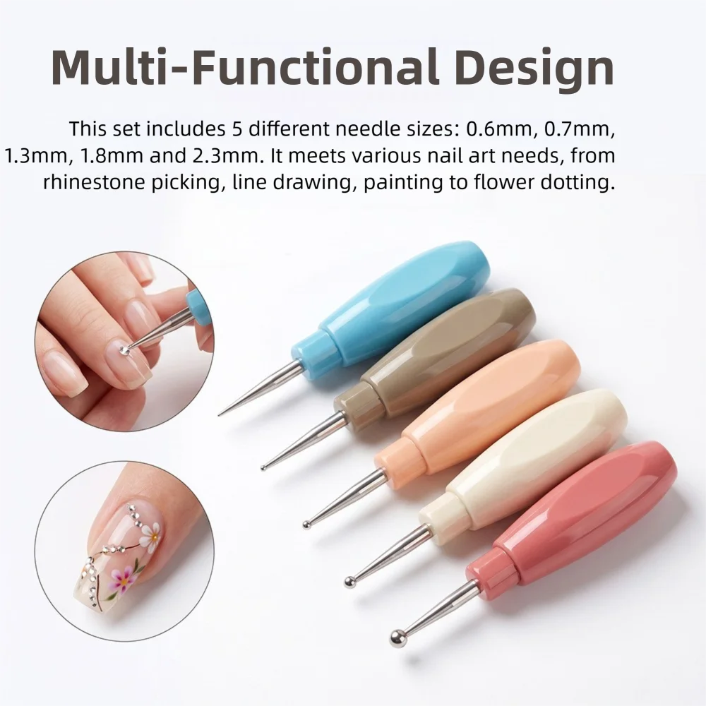 5-in-1 Nail Dotting Pen Set Stainless Steel Interchangeable Ball Needle Tips Rhinestone Picker Dot Painting Manicure Salon DIY