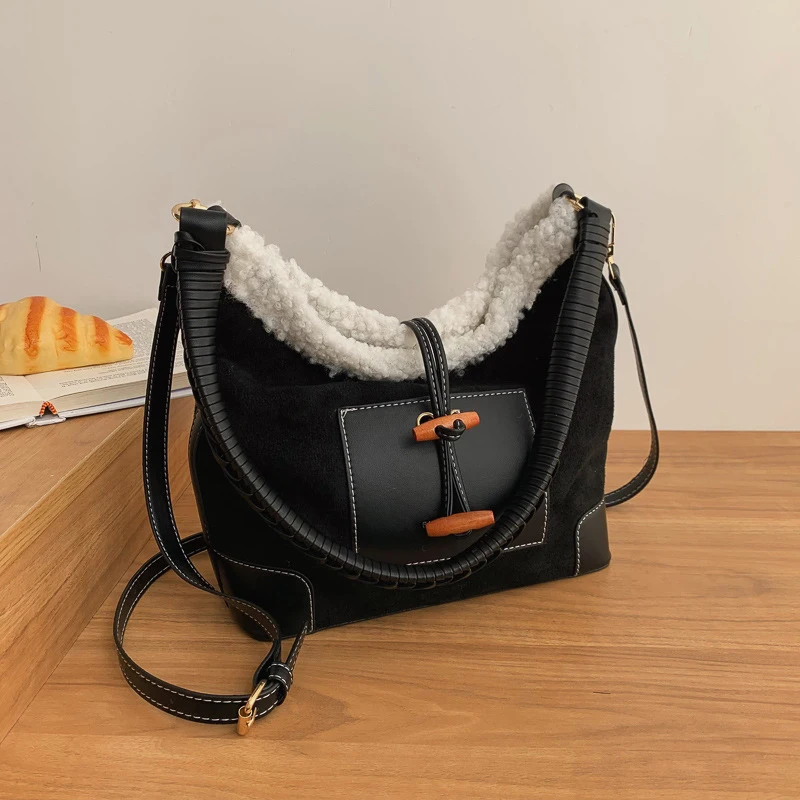 Bolsos Retro de lana esmerilada para mujer, bandoleras de hombro, tipo cubo, para otoño e invierno, novedad de 2023