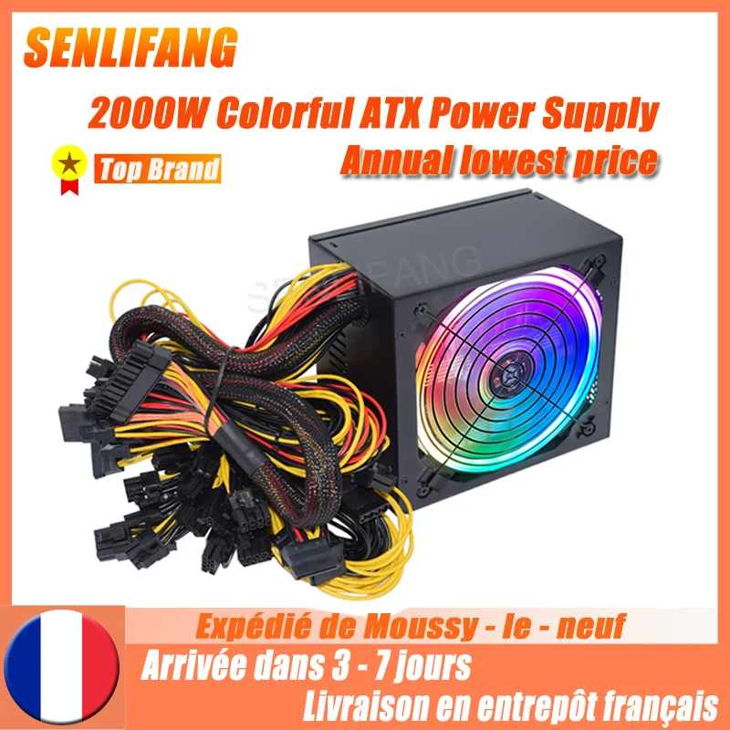 Alimentation électrique colorée PSU ATX Gold Mining 2000W, SATA IDE pour BTC ETC RVN Rig Ethereum, Machine d'ordinateur, prise en charge de 8 cartes GPU