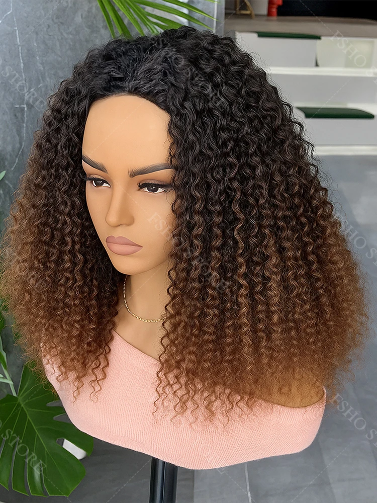 TB4 Marrone Evidenzia anni '70 Bouncy Soffici Soffio Afro Ricci Crespi Ricci Mezza Parrucca Capelli Umani Fatta a Macchina 3/4 Mezze Parrucche con Coulisse