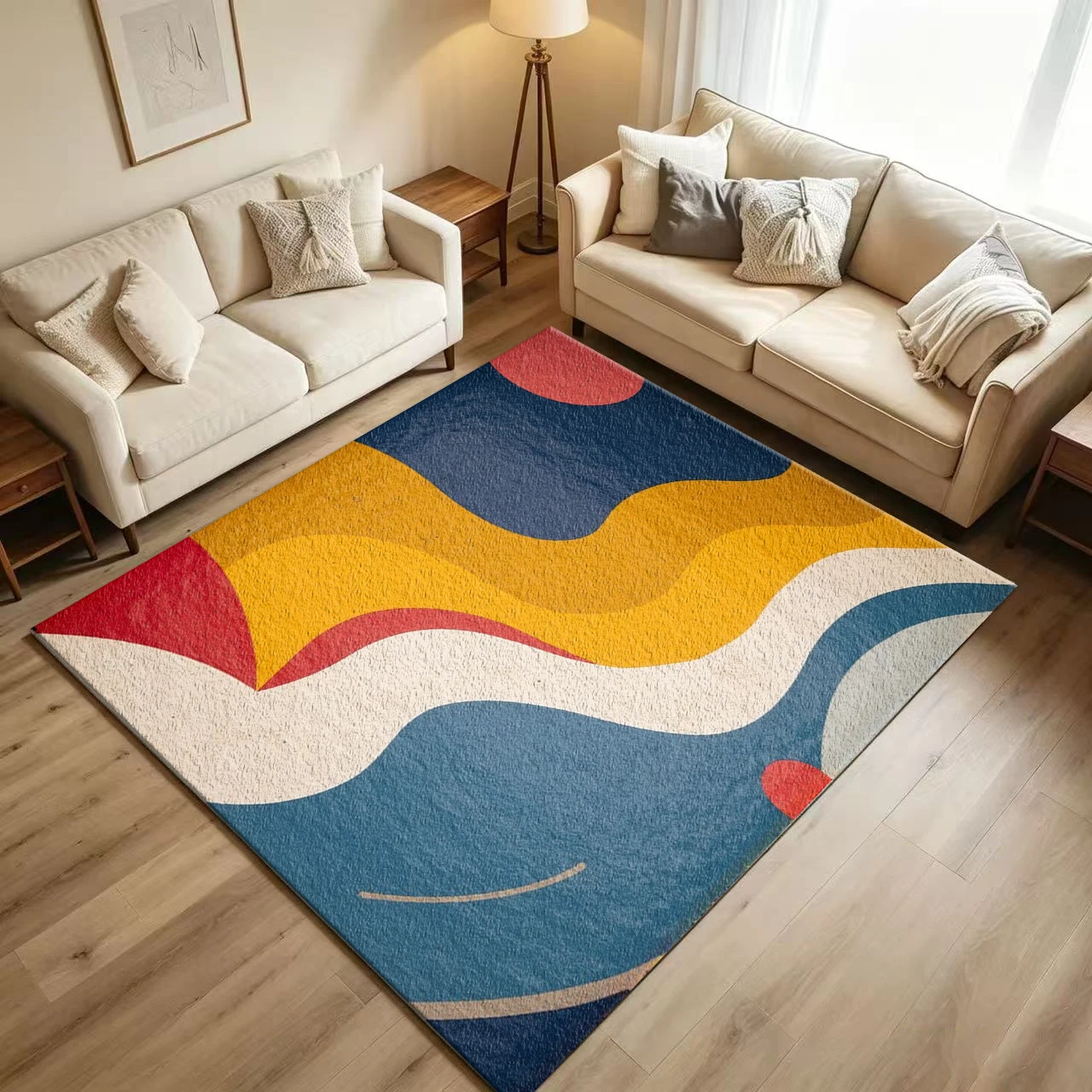 Vintage Curved Wave Color Block Abstract Carpet Flooring Retro Art Floor Rug