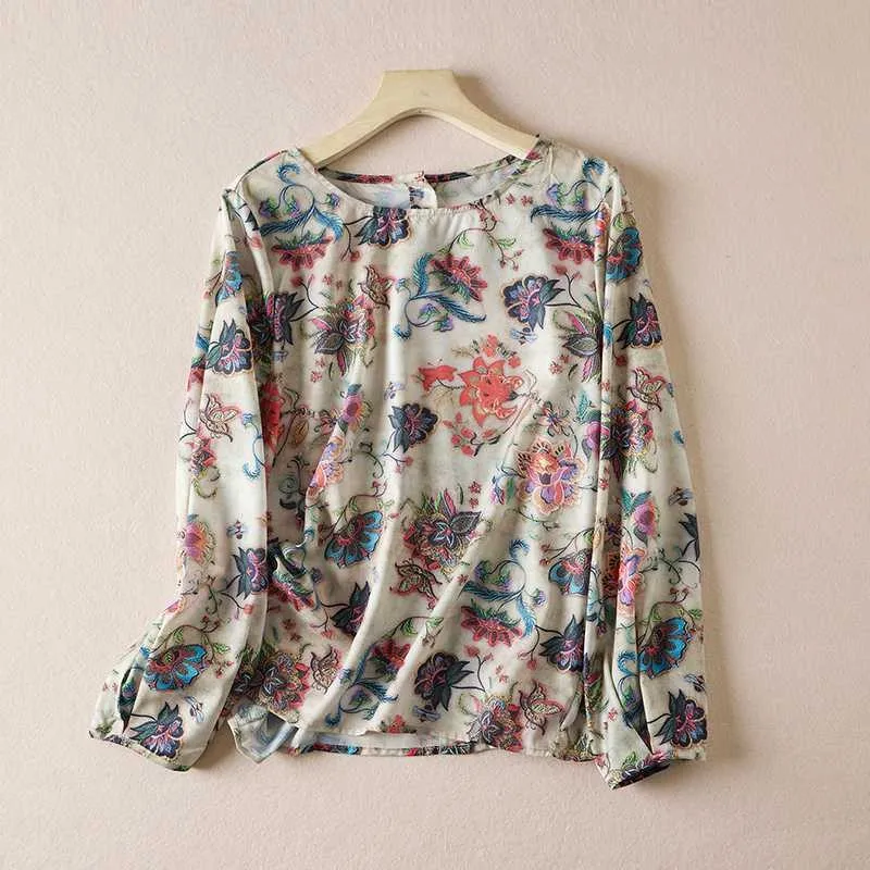 

Retro Silk Flower irt Button up Loose Women's Top Vintage Sle Long Sve round Ne Casual Faion Ladies' irt