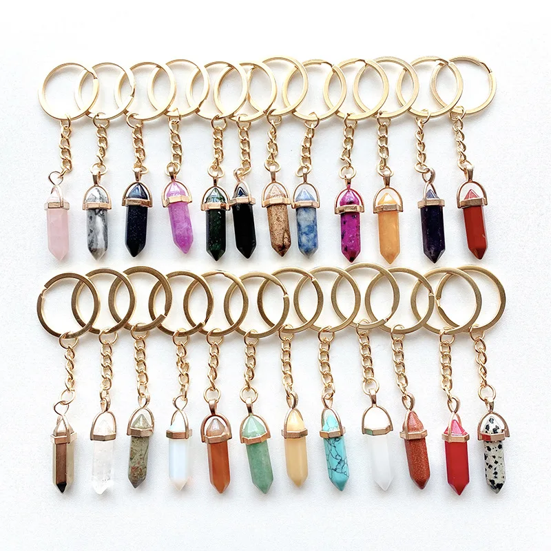 

11.11 Stone Gold Key Rings Chakra Beads Gem Hexagonal Prism Charms Keychains Healing Crystal Keyrings for Women Men