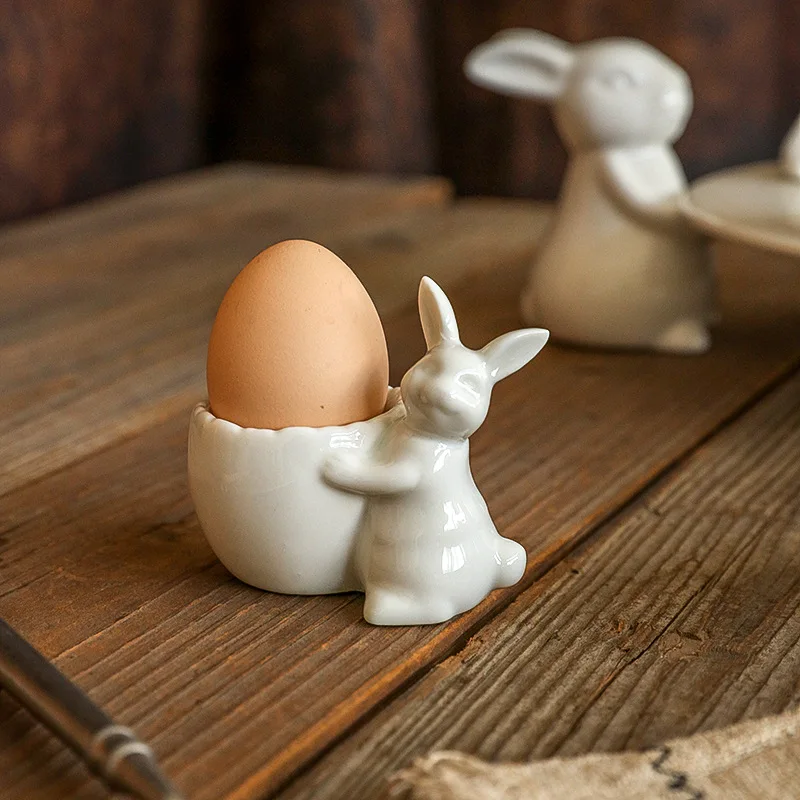 Breakfast Egg Cup Rabbit Egg Holder Ceramic Creative Living Room Ornament Egg-shaped Candle Holder Pure White Egg Cup