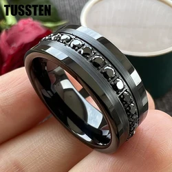TUSSTEN 8MM CZ Stone Inlay Beveled Edges Black Tungsten Ring for Men Women Eternity Fashion Engagement Wedding Band