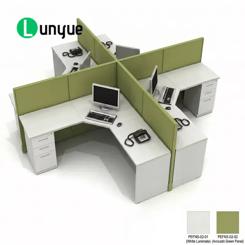 Modular Employee Workstation Desk with Screen Baffle and Integrated File Cabinet Storage for Office Furniture Space Saving