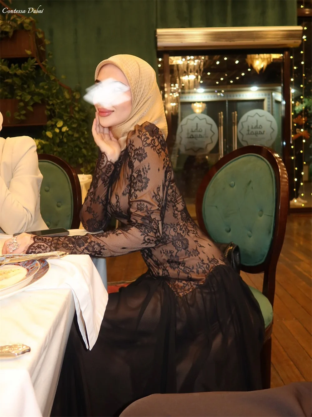 

Contessa Custom Long Sleeve High-neck Muslim Prom Dress Lace Embroidery Top A-Line robes de soirée Elegant Formal events dress