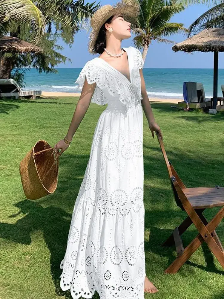 White Daisy Flower Embroidery Hollow Out Fly Sleeves Dress Women V Neck Ladies Elegant Fashion Ruffles Fairy Long Dresses L243