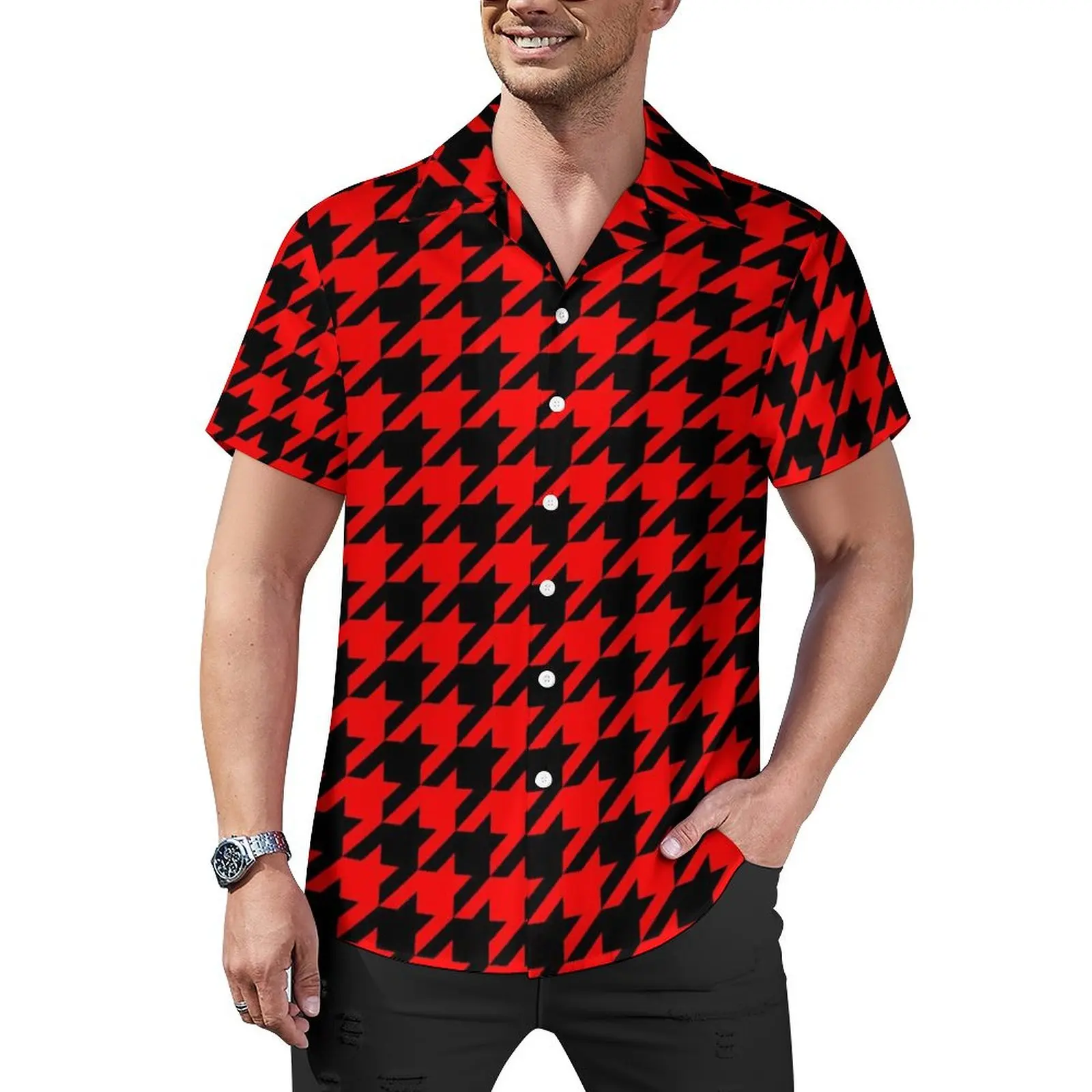 

Houndstooth Summer Shirt For Man Vacation Red And Black Casual Shirts Short-Sleeved Y2K Fashion Graphic Retro Plus Size Blouses