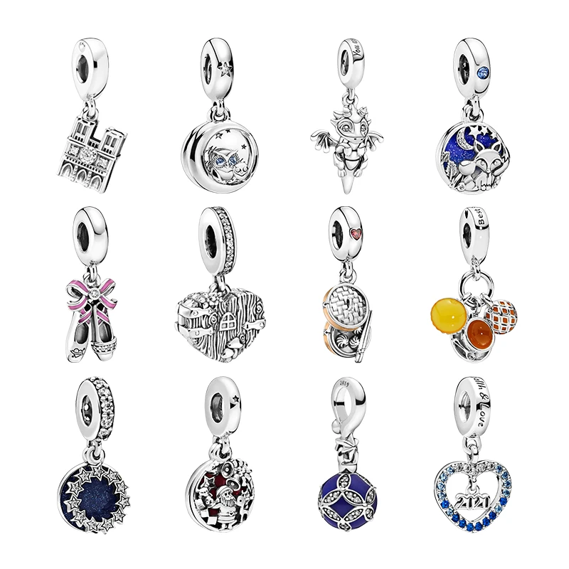 925 Silver Pendants Charms For Women Bracelets DIY Notre Dame Owl Dragon Fox Rabbit Ballerina Shoes Stars Chinese Bao Hearts