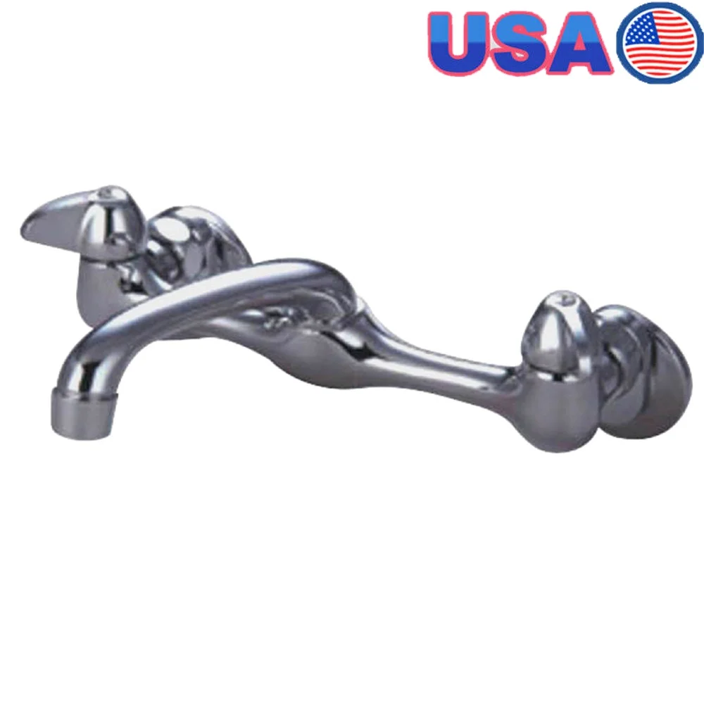 

Double-Handle Wall-Mount Kitchen Faucet Polished Chrome Solid Brass Construction Adjustable Swivel Spout Low-Arc Design 2-Hole